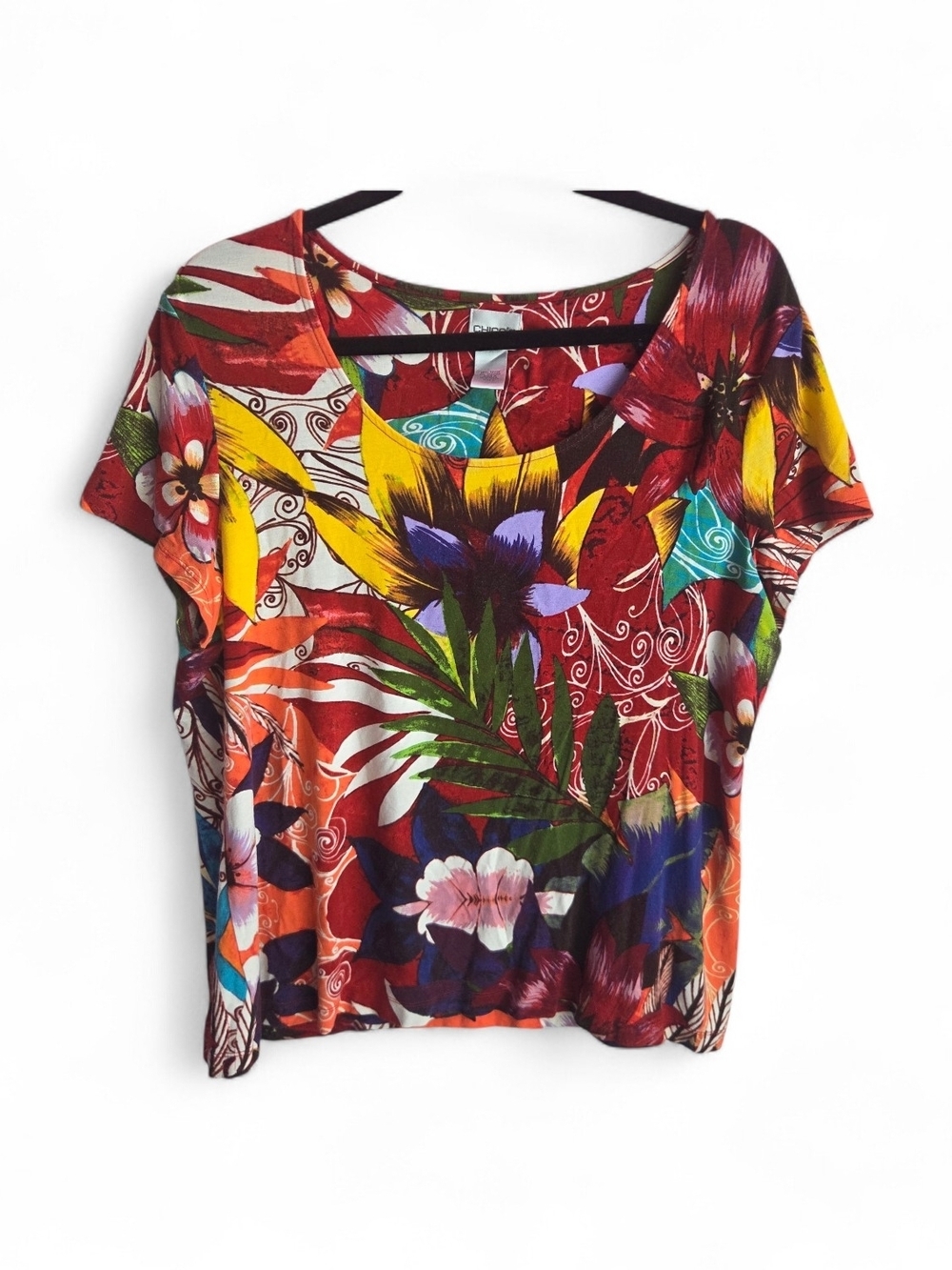 Chico's Short Sleeve Floral Tropical Print Top in Red, Yellow, Blue & Green
